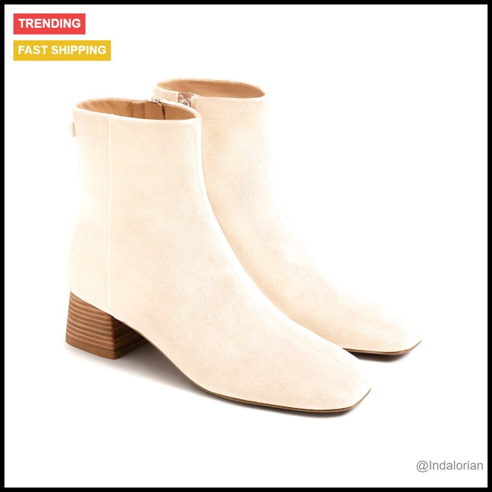 Chunky Low Heel Square Toe Ankle Booties Side Zipper Winter Dress Shoes